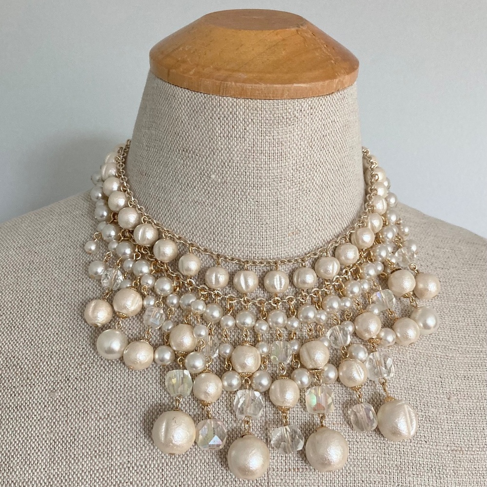 1970s Cotton Pearl Bib Necklace, Vintage Faux Pearl Multi Tier Necklace